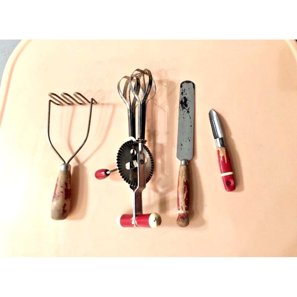 VTG Ekco Kitchen Utensils Red Wood Handle Egg Beater Smasher Peeler Knife Lot 4